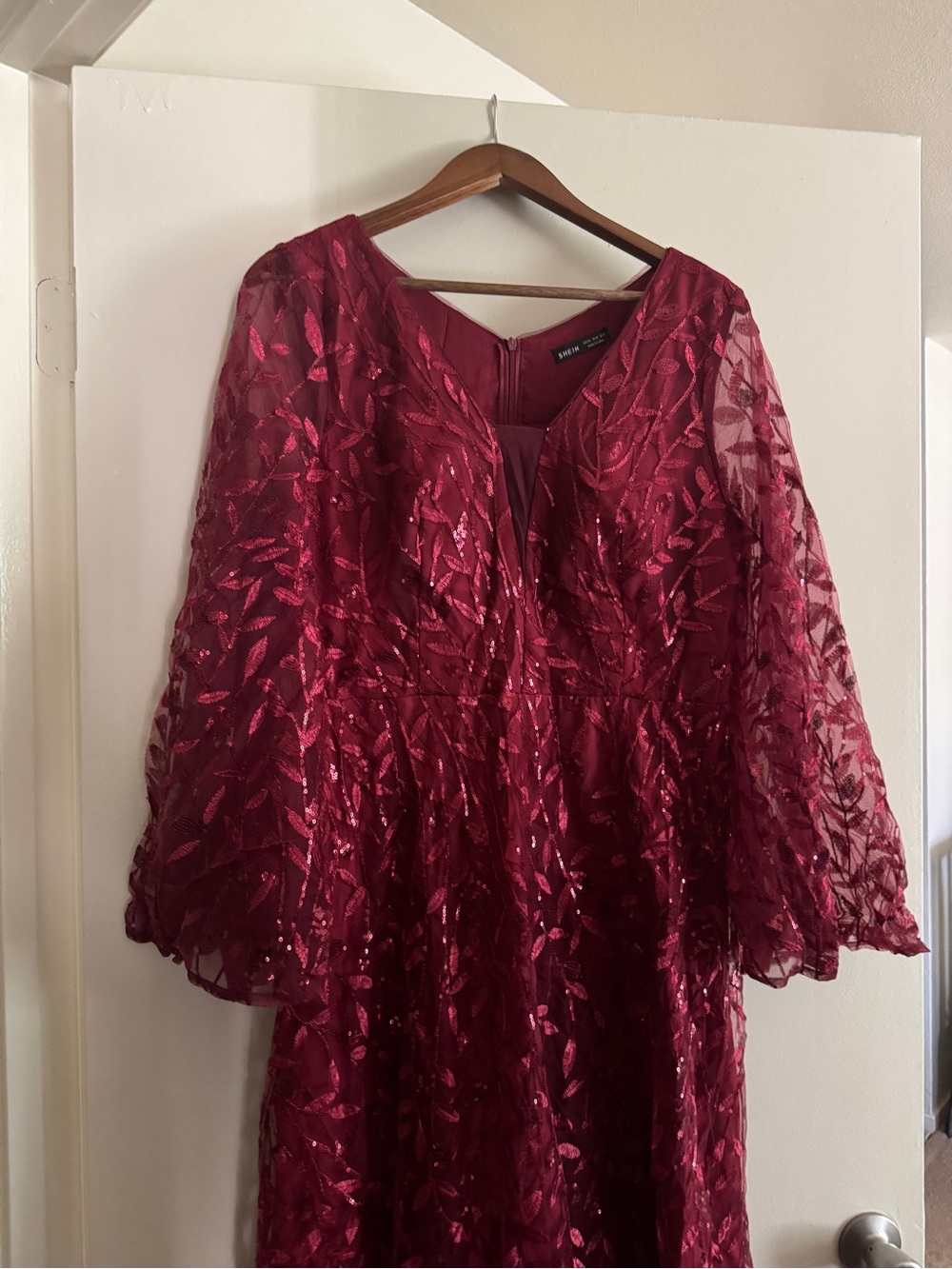Dress the Population Wine Red Embroidered V-Neck Long Sleeve Dress